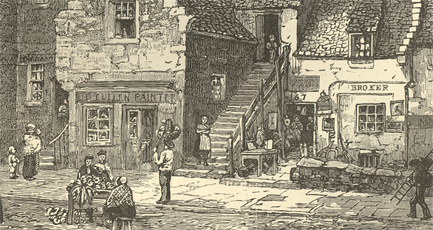 "Old Houses in the West Port, Near the Haunts of Burke and Hare, 1869 (from a drawing by J. Stewart Smith)"